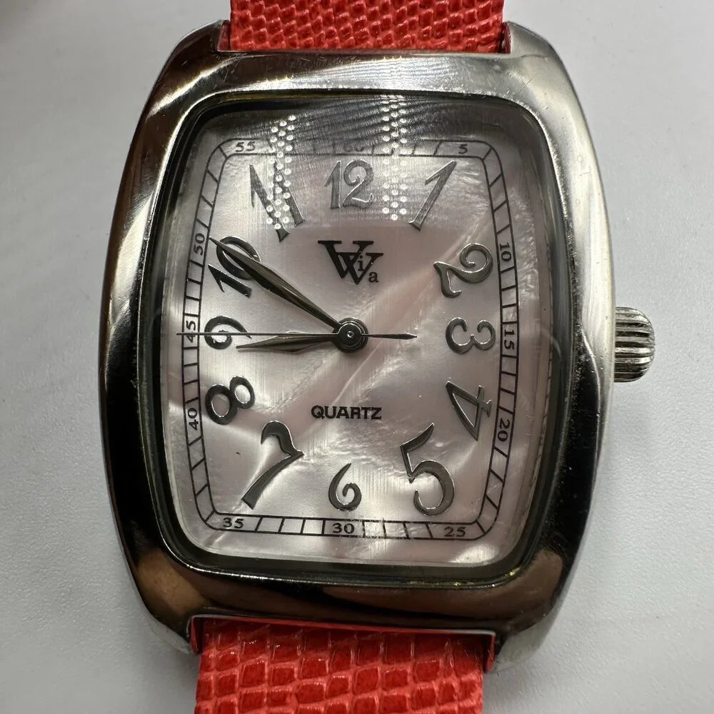 Viva by Pierre Cardin Watch Women Silver Tone Pink Dial Red Band New Battery